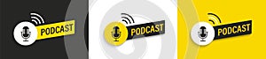 Set podcast symbols, icons, logos with microphone.