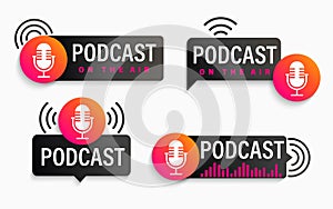 Set podcast symbols, icons with studio microphone.