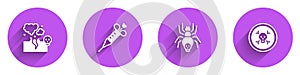 Set Poisonous cloud of gas or smoke, Syringe, spider and Bones and skull icon with long shadow. Vector