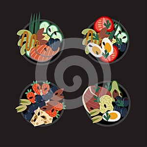 Set of poke bowls. Healthy food from natural products. Vector cartoon flat illustration.