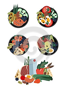 Set of poke bowls. Healthy food from natural products. Vector cartoon flat illustration.