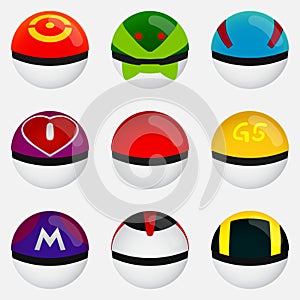 Set of Pokeball to Play In The Team on White Background. Vector Illustration