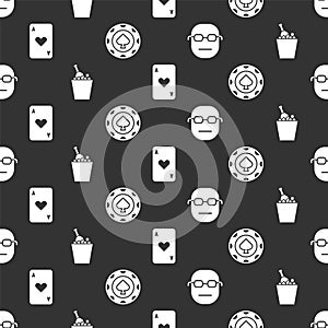 Set Poker player, Champagne in an ice bucket, Playing card with heart and Casino chips on seamless pattern. Vector