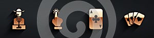 Set Poker player, Hand holding casino chips, Playing card with clubs and Deck of playing cards icon with long shadow