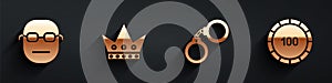 Set Poker player, King playing card, Handcuffs and Casino chips icon with long shadow. Vector