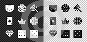 Set Poker table, Casino chips, Stick for, Diamond, Game dice, Playing card with spades and King playing icon. Vector