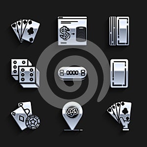 Set Poker table, Casino location, Hand holding playing cards, Playing back, chip, Game dice, Deck of and icon. Vector