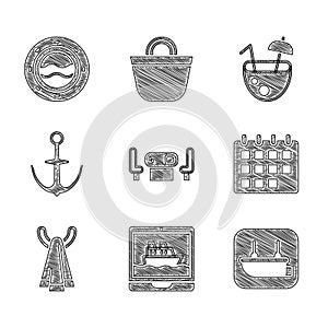 Set Poker table, Cruise ship, Lifeboat, Calendar, Towel on hanger, Anchor, Coconut cocktail and Ship porthole with