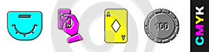 Set Poker table, Hand holding playing cards, Playing card with diamonds and Casino chips icon. Vector