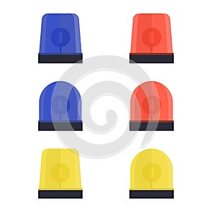 Set of police, ambulance and fire sirens with spinning beacon. Blue, red, yellow flashing emergency lights