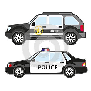 Set of police automobiles. Urban patrol vehicle and car of sheriff. Symbol of security service, 911 or cop.