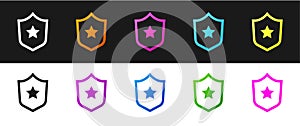 Set Police badge icon isolated on black and white background. Sheriff badge sign. Shield with star symbol. Vector