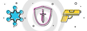 Set Police badge, Medieval shield with sword and Pistol or gun icon. Vector