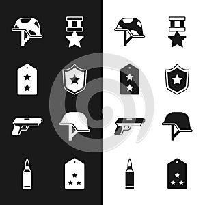 Set Police badge, Military rank, helmet, reward medal, Pistol or gun, and Bullet icon. Vector