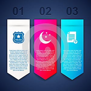 Set Police badge, Moon and stars and Unknown document. Business infographic template. Vector