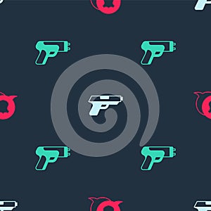 Set Police badge, Pistol or gun and electric shocker on seamless pattern. Vector