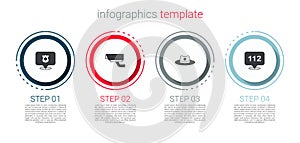 Set Police badge, Security camera, Sheriff hat with and Telephone call 112. Business infographic template. Vector