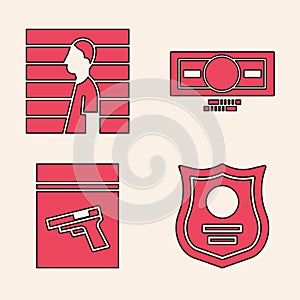 Set Police badge, Suspect criminal, Stacks paper money cash and Evidence bag and pistol or gun icon. Vector