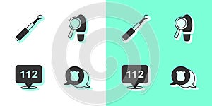 Set Police badge, Telescopic baton, Telephone call 112 and Footsteps icon. Vector