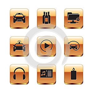 Set Police car and flasher, Headphones, Music book with note, Video play button, and FTP settings folder icon. Vector