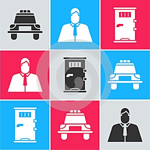 Set Police car and flasher, Lawyer, attorney, jurist and Prison cell door icon. Vector photo