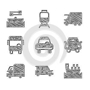 Set Police car and flasher, Minibus, Cargo ship with boxes, Delivery cargo truck, Bus, and Boat oars icon. Vector