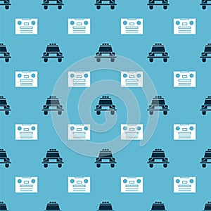 Set Police car and flasher and Retro audio cassette tape on seamless pattern. Vector