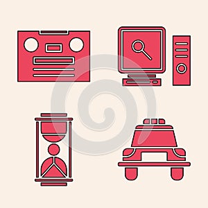 Set Police car and flasher, Retro audio cassette tape, Search on computer screen and Old hourglass with sand icon