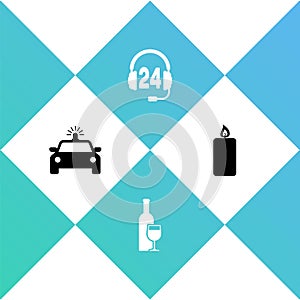Set Police car and flasher, Wine bottle with glass, Headphone for support and Burning candle icon. Vector