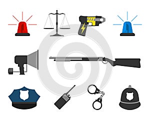 Set of police elements equipment icons. Protect and Serve label.