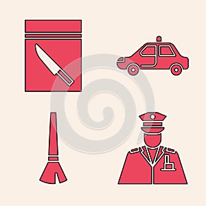 Set Police officer, Evidence bag and knife, Police car and flasher and Paint brush icon. Vector