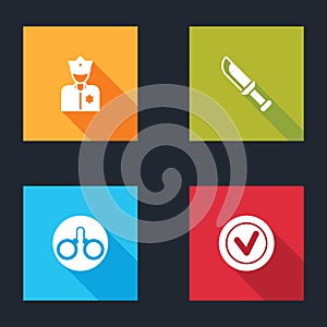 Set Police officer, Military knife, Handcuffs and Check mark in round icon. Vector