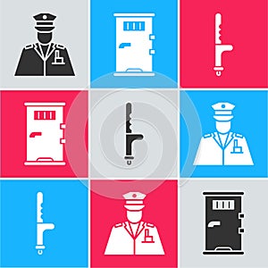 Set Police officer, Prison cell door and Police rubber baton icon. Vector.
