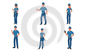 Set of Police officers in different poses. Vector illustration in flat cartoon style