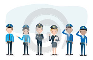 Set of police officers on white background, Woman and man cops characters,security in uniform and cap, Police cop and officer photo