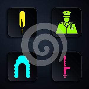 Set Police rubber baton, Feather pen, Judge wig and Police officer. Black square button. Vector