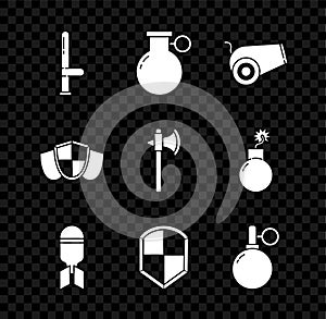 Set Police rubber baton, Hand grenade, Cannon, Aviation bomb, Shield, and Medieval axe icon. Vector