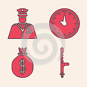 Set Police rubber baton, Police officer, Clock and Money bag icon. Vector