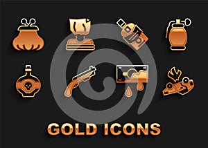 Set Police shotgun, Hand grenade, Burning car, Bloody money, Poison bottle, Whiskey, Wallet and Kidnaping icon. Vector