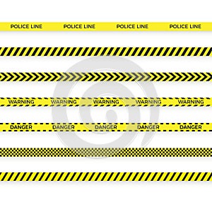 Set of police yellow tape. danger zone with line barrier. Warning strip. Vector