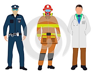 Set of Policeman, Doctor, Fireman flat icons. Service 911.