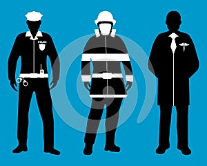 Set of Policeman, Doctor, Fireman flat icons. Service 911.