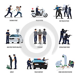 Set of policeman. Policeman at work concept.