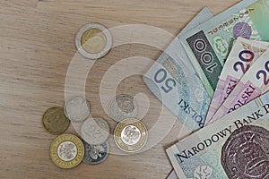 Set of Polish coins Zloty, PLN in silver and gold colors as a symbol of currency in Poland