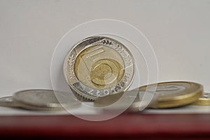 Set of Polish coins Zloty, PLN in silver and gold colors as a symbol of currency in Poland