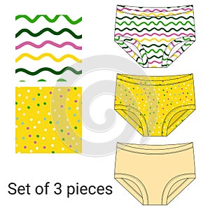 Set of polka dot underpants and stripes. Girls knickers technical sketch. Fashion catalog design. Children`s panties template