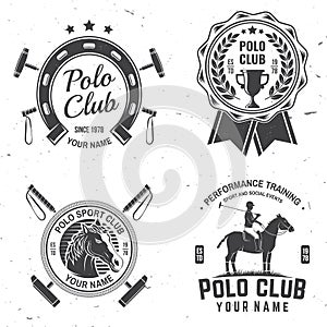 Set of Polo club sport badges, patches, emblems, logos. Vector illustration. Vintage monochrome equestrian label with