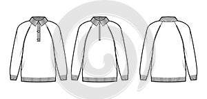 Set of Polo Zip-up Sweaters technical fashion illustration with rib henley neck, classic collar, long raglan sleeves