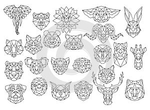 Set of polygonal animal portraits. Collection of geometric animal heads. Black white illustration. Linear art. Tattoo.