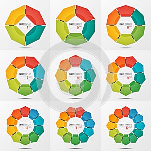 Set of polygonal circle chart templates with 4-12 parts